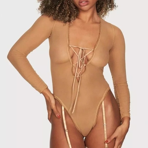 NWT Frederick’s of Hollywood Lola Lee Nude Mesh Teddy, Lace-Up, Garter Straps, S - Picture 2 of 16